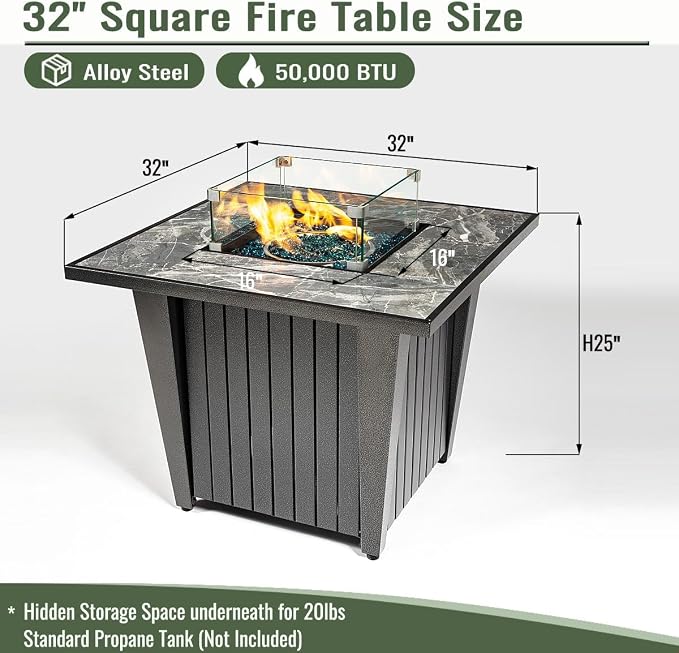 32" Propane Gas Fire Pit Table, 50,000 BTU Square Outdoor Fire Pit with Ceramic Tile Top & Glass Wind Guard, Steel Patio Fire Table with Lid, Blue Glass Beads & Rain Cover, Gray