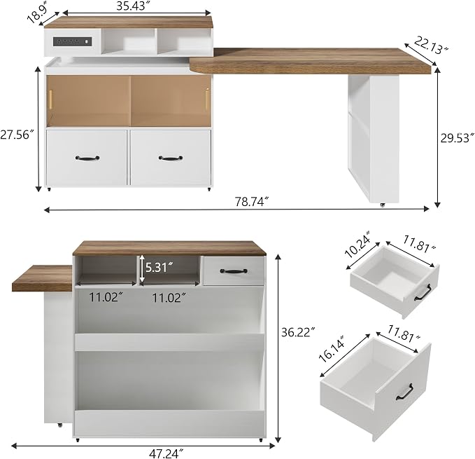 Kitchen Islands with Extendable Dining Table Rolling Islands Power Outlet Mobile Storage Islands Cart on Wheels with Drawers and 2 Side Open Shelves for Dining Room, White