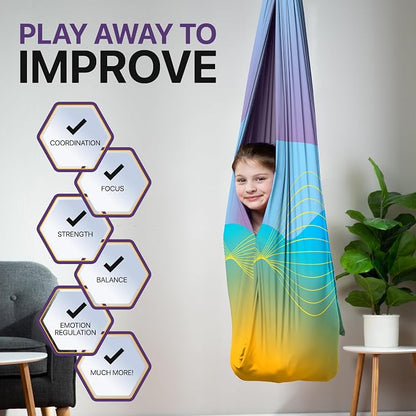 Indoor Sensory Swing for Kids or Outdoor – Holds 300lbs, Double-Layer, & 360° Swivel, Calming Compression Therapy Swing Hammock for Kids & Adults with All Hardware – Sensory-Motor Toys & Gifts