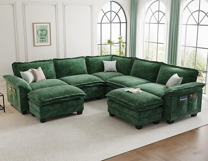 KKL Large V-Shaped Modular Sectional Sofa, 7 Seater Cloud Couch with Ottoman, Chenille Sectional Couches for Living Room, Apartment, Green