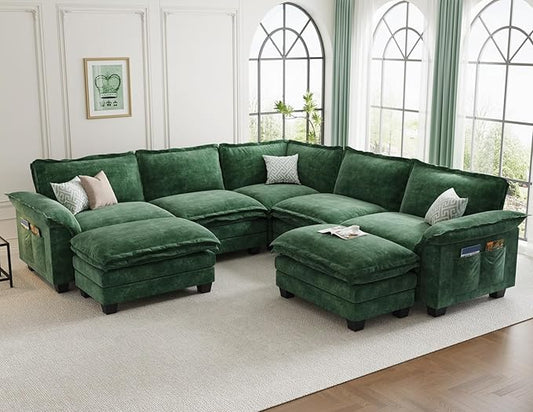 KKL Large V-Shaped Modular Sectional Sofa, 7 Seater Cloud Couch with Ottoman, Chenille Sectional Couches for Living Room, Apartment, Green