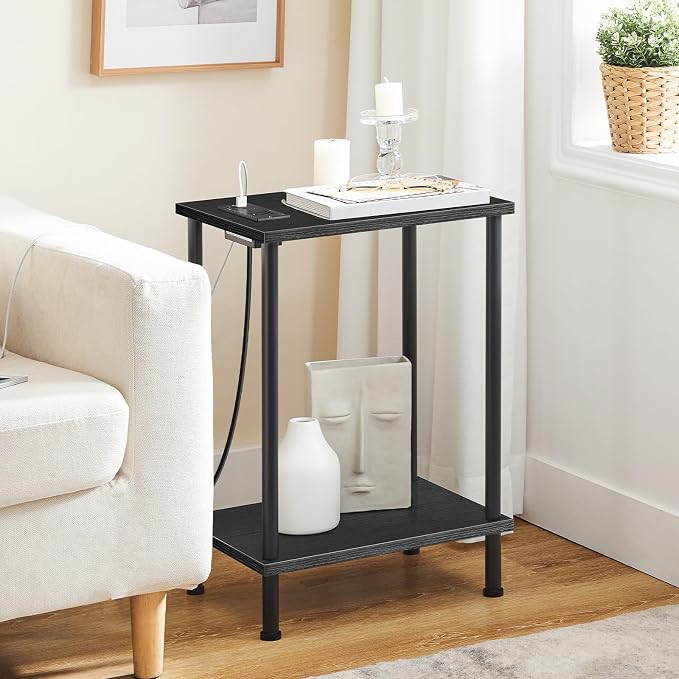HOOBRO Side Table with Charging Station, Set of 2 End Tables with USB Port and Outlets, Nightstand with 2-Layer Storage Shelves for Small Spaces, Living Room, Bedroom, Black BK09UBZP201