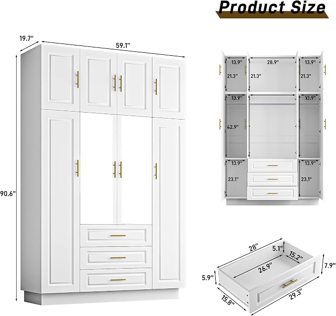 Hlivelood Large Armoire Wardrobe Closet Cabinet with Drawers and LED Lights, Multi-Tier Shelves, Hanging Rod, Large Capacity Storage 4 Door Wardrobe Armoire with Top Cabinet for Bedroom, White