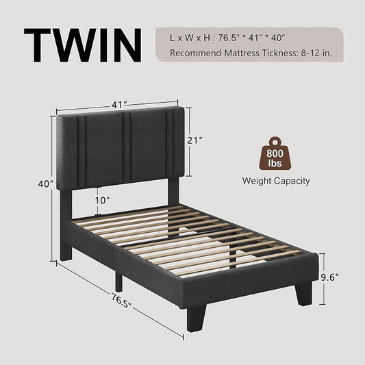 Einhomn Upholstered Twin Size Bed Frame with Linen Fabric Headboard, Strong Wooden Slats Support, Noise Free, No Box Spring Needed, Dark Grey
