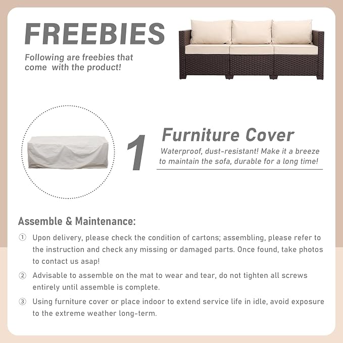 Valita Patio Furniture 3-seat Sofa Brown Wicker Outdoor Furniture Outdoor Couch Deep Seat High Backrest Waterproof Cover Anti-Slip Washable Cushions, Khaki