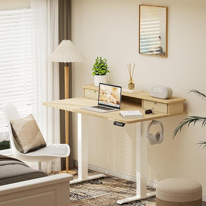 Veken 47x28 in Electric Standing Desk with Drawers, Adjustable Table, Wood | Stand up Computer Desk for Home Office, Work & Study, with Storage, 3 Memory Presets, Cable Organizer, Hook, and Quiet Lift.