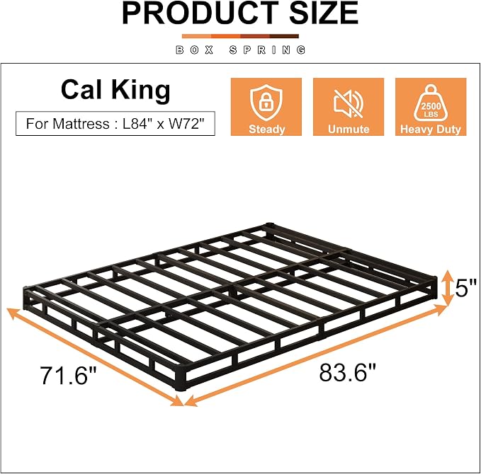 EMODA 5 Inch California King Box Spring Bed Base, 3000 LBS Heavy Duty Metal Mattress Foundation with Fabric Cover, Easy Assembly