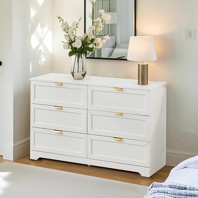 6 Drawer Dresser for Bedroom, Modern Long Chest with Large Drawer, Wooden Chest of Dresser Storage Cabinet Organizer Unit for Living Room, Cloakroom, Entryway, Hallyway (White)
