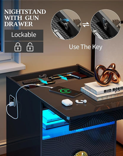 LED Nightstand with Gun Drawer, Modern Bedside Table with 3-Color Lights & Human Sensor, Smart Night Stand with Charger Station, 2 Drawers End Table for Bedroom, Black