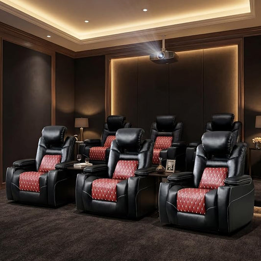 ANJ Power Recliner Chair Set of 6,Home Theater Seating with Adjustable Headrest,Cup Holders,USB Port,Hidden Arm Storage(Black)