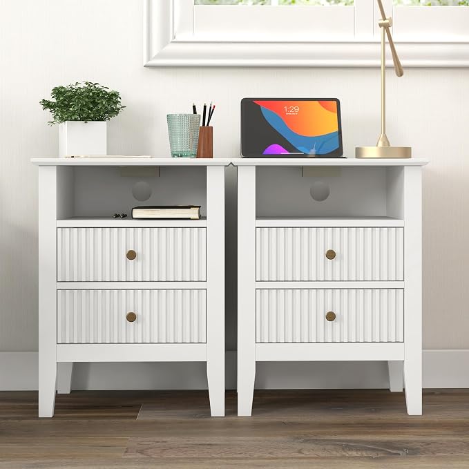 RoyalCraft Fluted Nightstand Set of 2 with Charging Station, White End Table with 2 Silent Slide Drawers & Storage Shelf, Modern Side Table, Wood Night Stand Cabinet for Bedroom
