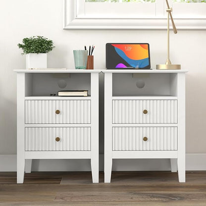 RoyalCraft Fluted Nightstand Set of 2 with Charging Station, White End Table with 2 Silent Slide Drawers & Storage Shelf, Modern Side Table, Wood Night Stand Cabinet for Bedroom
