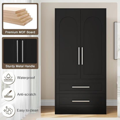 Einhomn Wooden Armoire Wardrobe Closet with 2 Doors and 2 Drawers,Freestanding Armoire Storage Cabinet with Shelves,Tall Clothing Storage Cabinet Suitable for Bedroom,Black