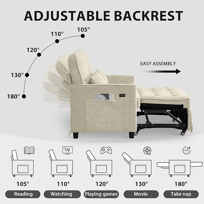 3 in 1 Convertible Sofa Bed, Pull Out Couch with Side Pocket, Sleeper Sofa with Adjustable Backrest | USB Charging Port | Two Pillows | Fabric | Ivory