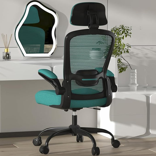 Mimoglad Office Chair, High Back Ergonomic Desk Chair with Adjustable Lumbar Support and Headrest, with flip-up Armrests for Guitar Playing, 5 Years Warranty (Modern, Dark Green(Black Frame))