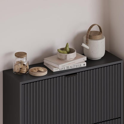 BORNOON Entryway Shoe Cabinet with 3 Flip Drawers, Narrow Shoe Organizer Cabinet with Fluted Panel and Adjustable Shelves for Foyer, Hallway
