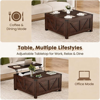 Simple Deluxe Lift Top Coffee Table with Storage, 35.5" Square Coffee Tables for Living Room, Farmhouse Coffee Table with Power Outlets, Coffee Tables with Lifting Top for Living Room (Brown)