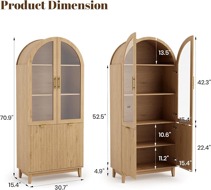Pamapic 71" Tall Arched Cabinet, Fluted Kitchen Pantry with Glass Doors & Adjustable Shelves, Arch Storage Cabinet, Wooden Pantry for Dining Room, Living Room (Natural)
