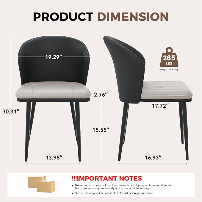 Faux Leather Dining Chairs Set of 4, Curved Back Upholstered Accent Chair, Modern Kitchen Side Chair with Metal Legs for Dining Room, Living Room, Bedroom, Black