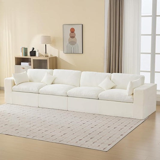 146''Cloud Boneless Sectional Couch, Modular Sectional Sofa Deep Seat, Oversized Upholstered Convertible Comfy 4 Seater Chenille Memory Foam Sofa Couches for Living Room, Beige