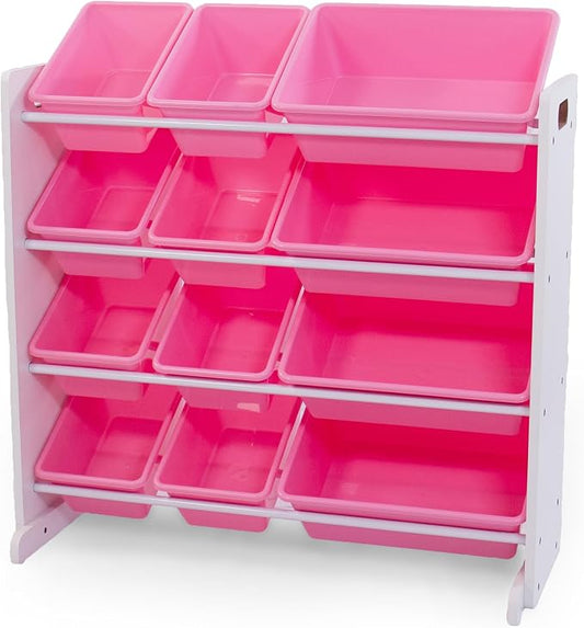 Humble Crew Toy Storage Organizer with 12 Removable Storage Bins for Kids Playroom, 4-Tier Toddler Toy Organization, White/Pink