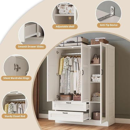 Yanosaku 5-in-1 Armoire Wardrobe Closet with Full Length Acrylic Mirror & 2 Drawers, Tall Narrow Armoire with Adjustable Shelf, Small Space Freestanding Storage Cabinet for Bedroom, White