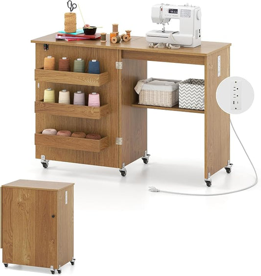 Giantex Folding Sewing Table with Charging Station, Rolling Craft Table with Storage Trays & Shelf, Foldable Sewing Machine Cabinet Desk with Lockable Wheels for Small Spaces (Natural)