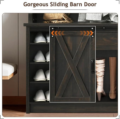 4ever2buy Farmhouse Hall Tree with Bench 5-in-1 Entryway Bench with Coat Rack with Sliding Barn Doors Entryway Coat Rack with Shoe Storage (Oak)