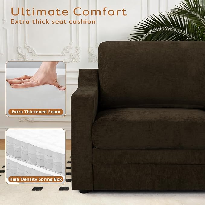 67” Chenille Loveseat Sofa w/Comfortable Back Cushions, Brown | Modern 2-Seat Couch w/Deep Seat Space, Upholstered 2 Seaters Sofa w/High Resiliency Foam for Living Room