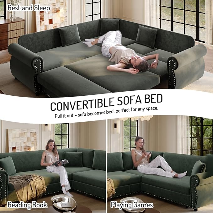 88.2" Sectional Sleeper Sofa with Pull Out Bed - Oversize L-Shaped Convertible Sleeper Couch Bed, Button Tufted Chesterfield Sofa, Chenille Vintage Couches for Living Room/Apartment(4-Seater, Green) | Pull Out couch Bed