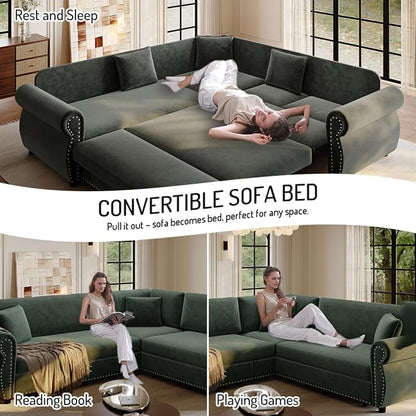 88.2" Sectional Sleeper Sofa with Pull Out Bed - Oversize L-Shaped Convertible Sleeper Couch Bed, Button Tufted Chesterfield Sofa, Chenille Vintage Couches for Living Room/Apartment(4-Seater, Green) | Pull Out couch Bed
