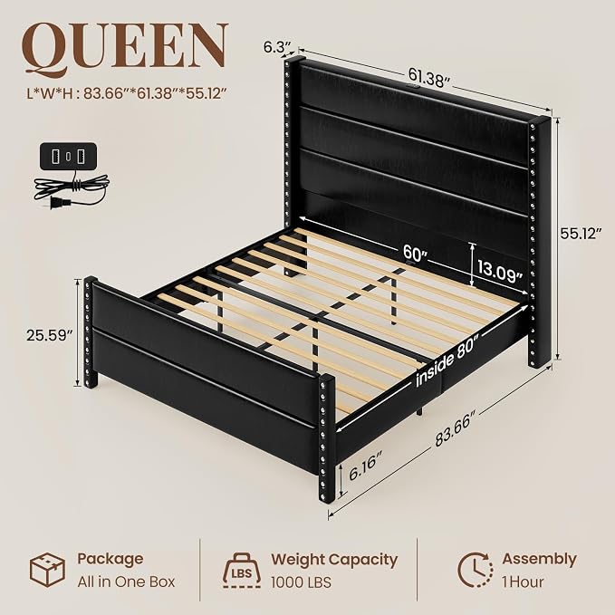 Queen Bed Frame with Storage Shelf & Charging Station, 55" Tall Headboard & 25.6" Footboard, Faux Leather Upholstered Platform Bed with Big Rivets Wingback, Heavy Duty & Noise-Free, Black