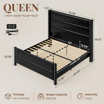 Queen Bed Frame with Storage Shelf & Charging Station, 55" Tall Headboard & 25.6" Footboard, Faux Leather Upholstered Platform Bed with Big Rivets Wingback, Heavy Duty & Noise-Free, Black