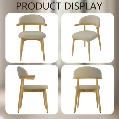 MOJAY Dining Chairs Set of 2 Natural Oak, Linen Beige with Curved Armrests