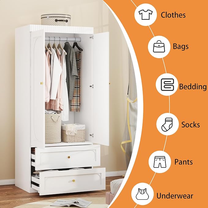 Wooden Wardrobe Closet with Doors: 75" Tall White Armoire Wardrobe Closet with 2 Drawers and 2 Doors, Modern Clothes Cabinets for Bedroom Armoires with Hanging Rod (2-Drawers, 31.5")