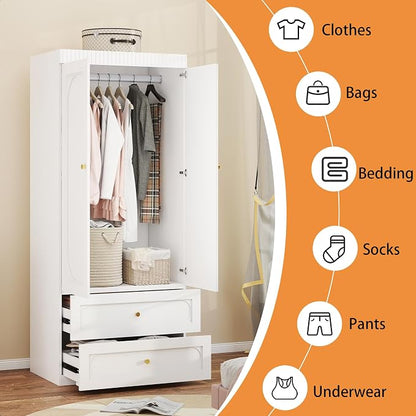 Wooden Wardrobe Closet with Doors: 75" Tall White Armoire Wardrobe Closet with 2 Drawers and 2 Doors, Modern Clothes Cabinets for Bedroom Armoires with Hanging Rod (2-Drawers, 31.5")