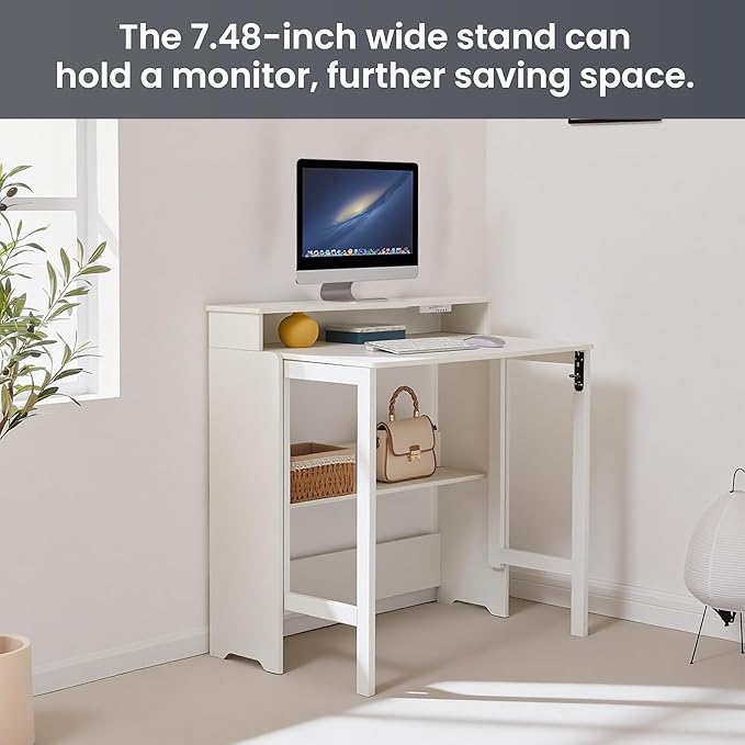 Fold Out Desk with Power Outlets, Small Foldable Table with Storage Shelf,Space-Saving Hidden Desk for Bedroom, Living Room & Office (White)