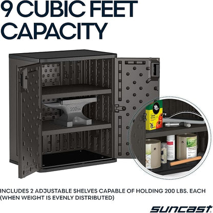 Suncast Heavy-Duty Resin Outdoor Storage Cabinet, 30" W x 20.25" D x 36" H Dark Grey Base Garage Storage Cabinet with Lockable Doors and Metal Reinforced Shelves, Made in the USA