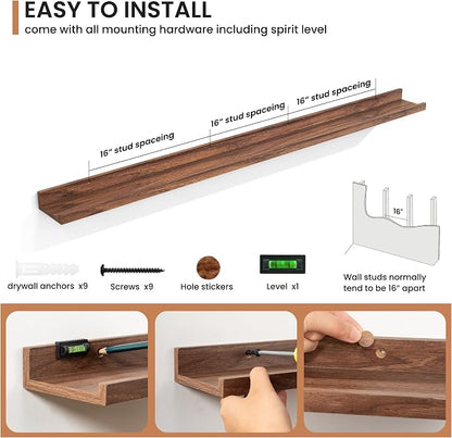 Fun Memories Picture Ledge Shelves Set of 2, 55 Inch Rustic Wall Mounted Floating Shelves with Lip for Home Storage and Décor in Bathroom, Kitchen, Nursery, Bedroom, Living Room, Walnut