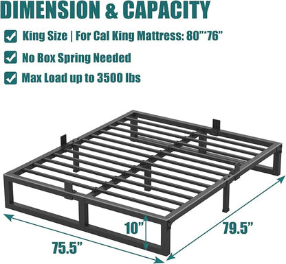 Yitong Angel 10 inch King Size Bed Frame Low Profile Metal Platform Frames with Mattress Slide Stopper,Heavy Steel Slats Support,No Box Spring Needed,Noise Free,Non-Slip,Easy Assembly