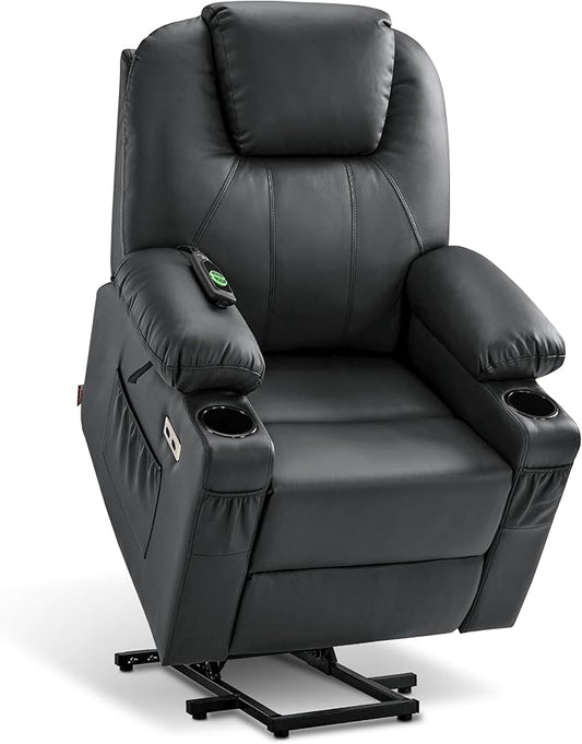 MCombo Power Lift Recliner Chair for Elderly, Lift Chair with Heat and Massage, FSC Certified, USB Ports, Cup Holders, Faux Leather 7141 (Black, Small)