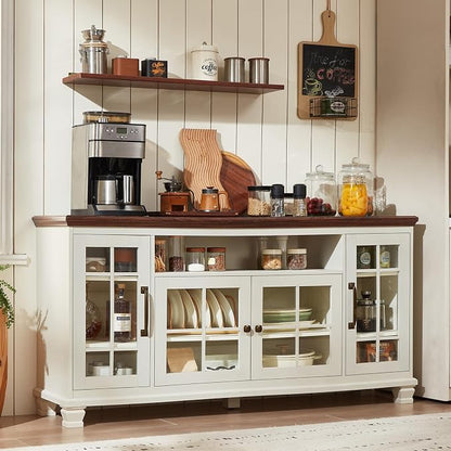 SAVOR LIFE Large Sideboard Buffet Cabinet with Storage,Vintage White Farmhouse 60" Wide Sideboard Cabinets with Glass Doors & Wood Legs,Kitchen Coffee Bar Credenza for Dining Room, Living Room