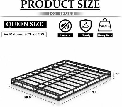 NHODIR Box Spring Queen Size 4 Inch Heavy Duty Metal Bed Base with Fabric Cover, Easy Assembly, Noise Free