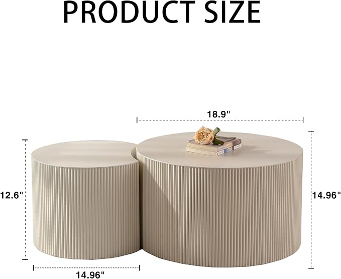 Round Wood Coffee Table Set od 2 for Small Space, Morden End Table, Fluted Side Table, Circle Wooden Center Table for Living Room, Fully Assembled
