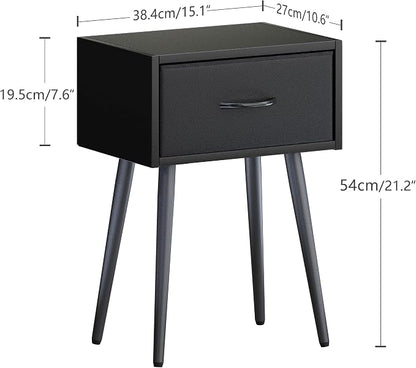 Small Black Nightstands Set of 2, Bedside Table with Fabric Drawer, Modern End Table with Metal Leg, Couch Side Table for Bedroom Living Room, Sofa, Office LNT504B