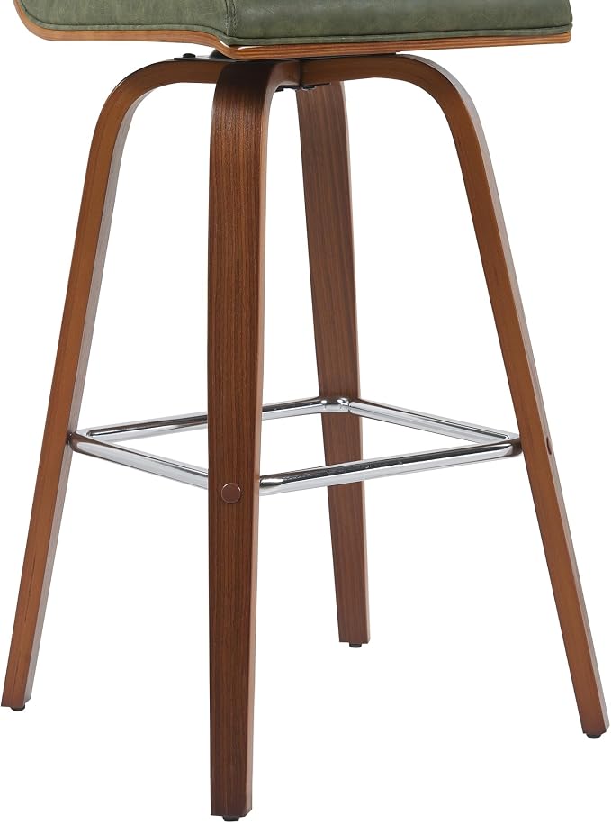 Armen Living Vienna Modern Swivel 30" Bar Height Barstool with Vintage Green Faux Leather and Walnut Wood Finish