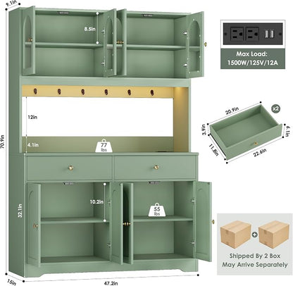 HIFIT 71" LED Kitchen Pantry Cabinet with Power Outlet, Large Kitchen Hutch Cabinet with 2 Storage Drawers & Arched Door, Countertop & Hooks, Tall China Bar for Dining Living Room (Green)