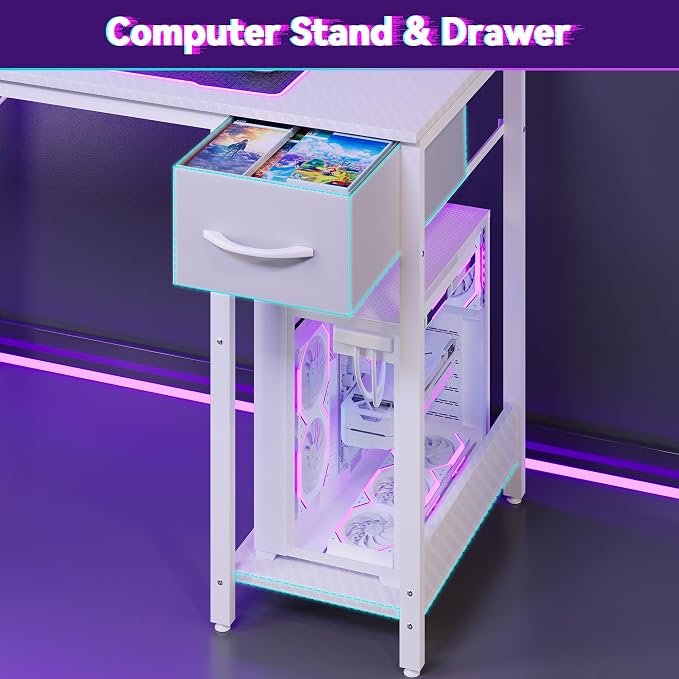Apicizon L Shaped Gaming Desk 53", Reversible Corner Computer Desk with LED Lights, Carbon Fiber Surface, Pegboard with Hooks, Drawer & PC Tower Stand, USB Charging Port