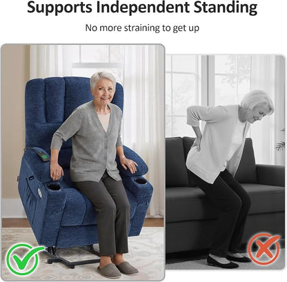 MCombo Power Lift Recliner Chair for Elderly, Lift Chair with Heat and Massage, USB &Type C Ports, Cup Holders, Fabric 7095 (Medium, Navy Blue)
