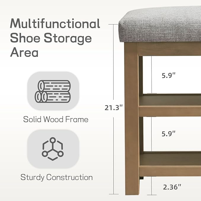 Zihanhome Shoe Rack Bench with Cushion, 2 Tier Solid Wood Storage Bench, Mid-Century Modern Shoe Bench for Entryway, Hallway, Closet, Front Door Entrance, Foyer (Grey, 31.5")